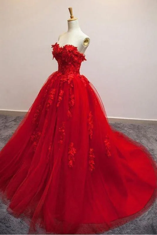 Sexy Red Sweetheart Strapless Ball Gown Applique Tulle Long Prom Dress Party Dresses Crew Neckline Sporty