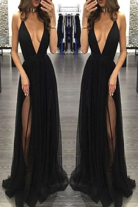 Sexy Spaghetti Straps Deep V-neck Sleeveless Black Tulle Prom Party Dress Tunics Print Colorful