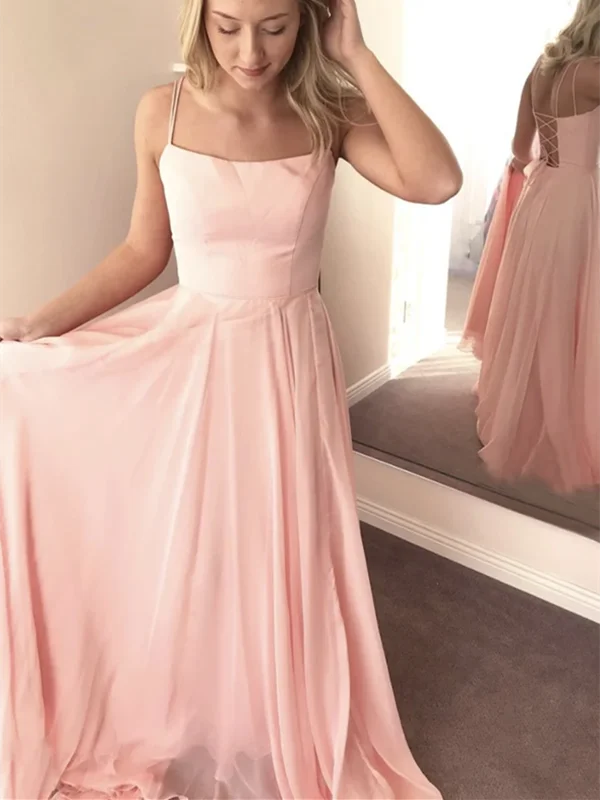 Simple A Line Pink Chiffon Long Prom Dresses, Pink Chiffon Long Formal Evening Graduation Party Dresses Tunics Handmade artisanal