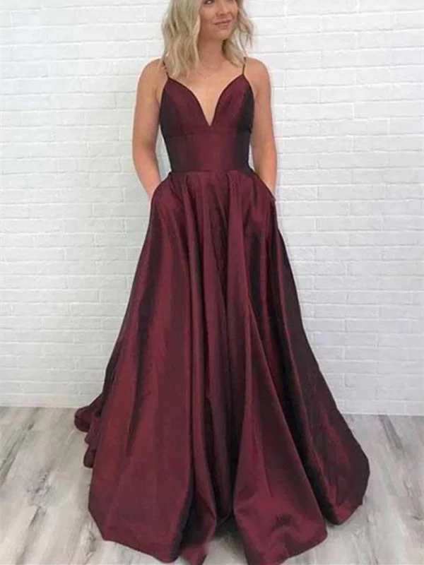 Simple A Line V Neck Burgundy Satin Prom Dresses With Train, Spaghetti Straps Burgundy Formal Evening Dresses Tunics Sophisticated sleek