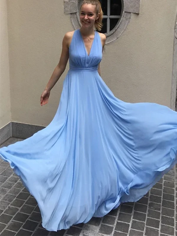 Simple Blue Chiffon Long Prom Dresses,  Blue Chiffon Long Formal Evening Dresses Bodycon Fitted Nightout