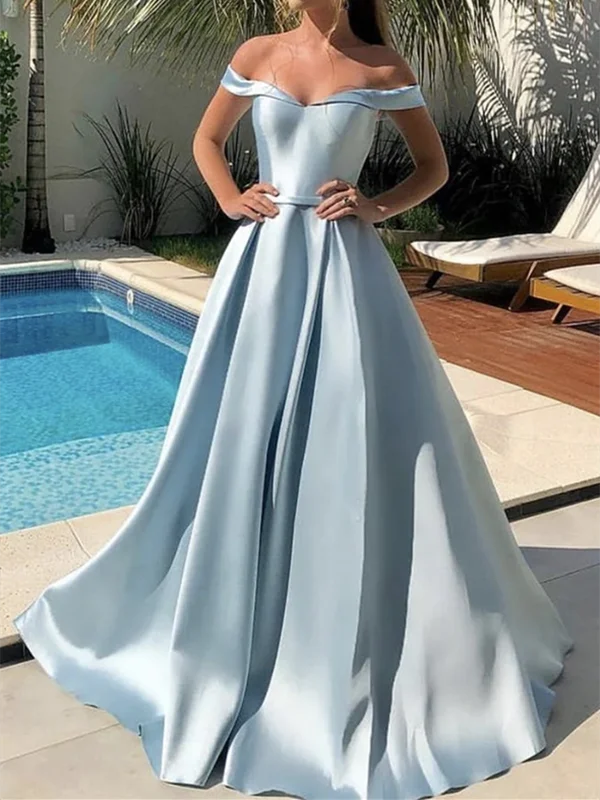 Simple Blue Satin Long Off The Shoulder Prom Dresses, Off Shoulder Blue Long Formal Evening Dresses Tunics Office stylish