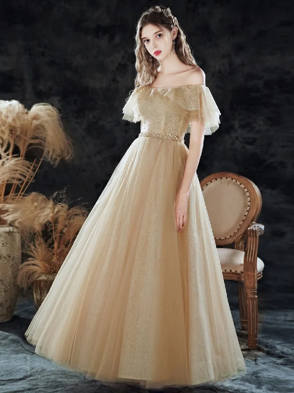 Simple Champagne Tulle Sequin Long Prom Dress, A Line Tulle Evening Dress Tunics Travel practical