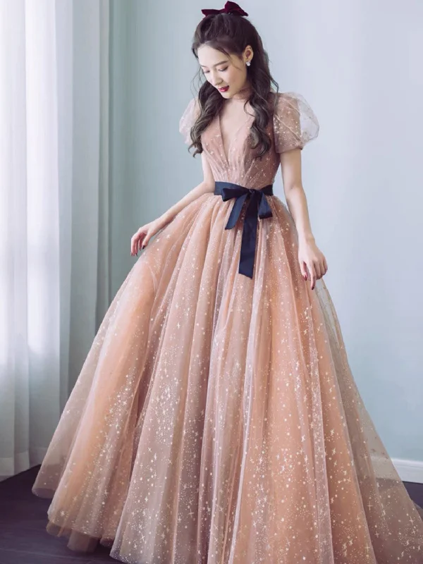 Simple Champagne V Neck Tulle Long Prom Dress, Champagne Evening Dresses Tunics Spring floral