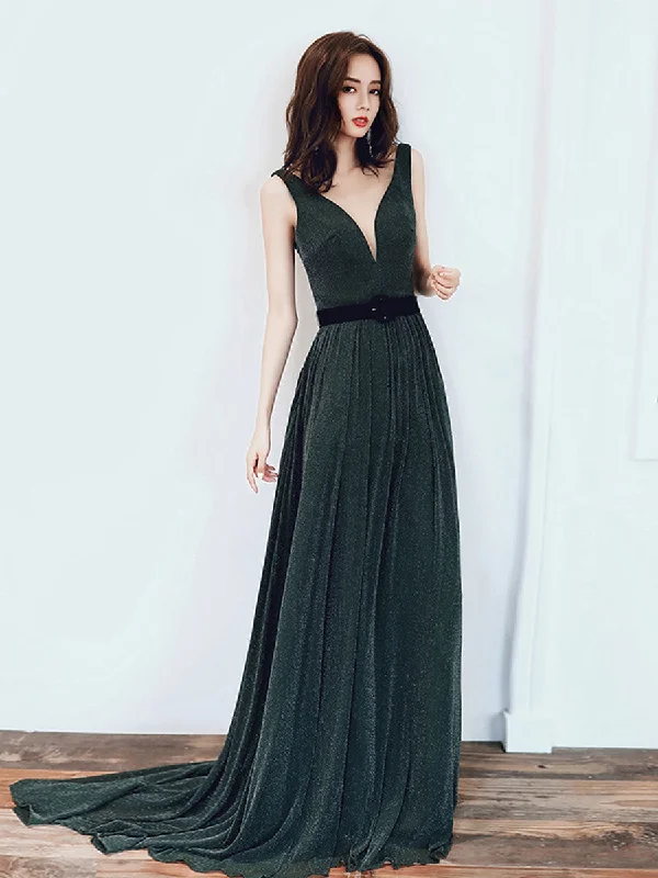 Simple Green V Neck Long Prom Dresses, Green Evening Dresses High-Low Hemline Casual