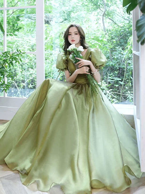 Simple Green V Neck Tulle Long Prom Dress, Green Evening Dresses Turtleneck Neckline Stylish