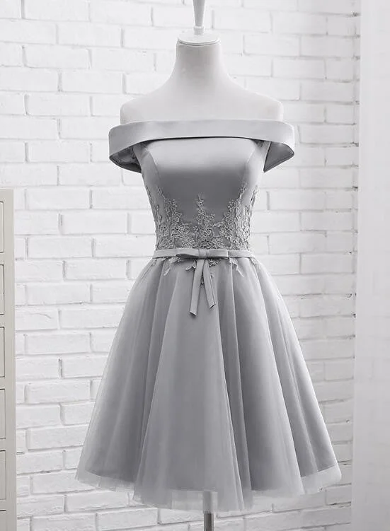 Simple Off Shoulder Grey Tulle Applique Bridesmaid Dresses, Knee Length Formal Dress, Party Dresses A-Line Day Work