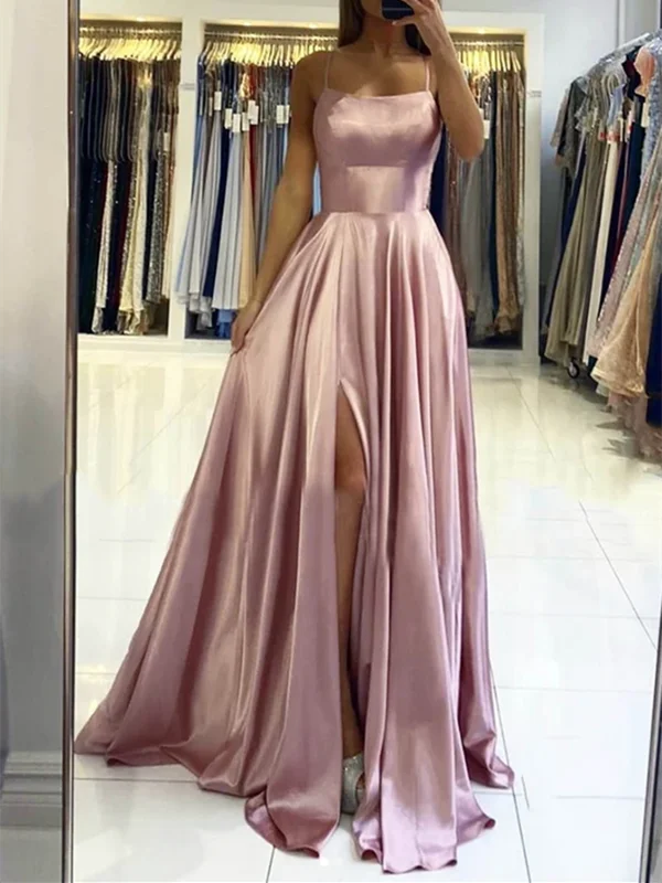 Simple Pink Satin Long Prom Dresses With Leg Slit, Pink Satin Long Formal Evening Dresses Tunics Satin smooth