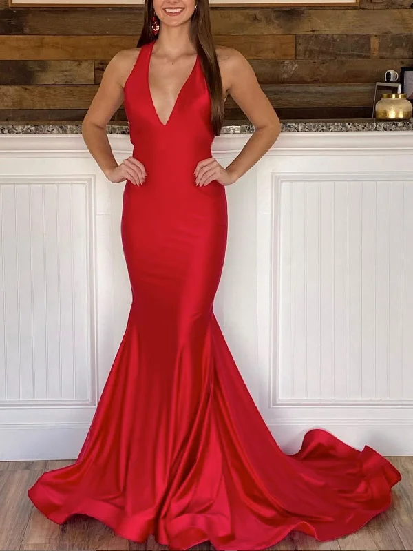 Simple Red V Neck Satin Long Prom Dress. Red Backless Evening Dress Tunics Summer linen