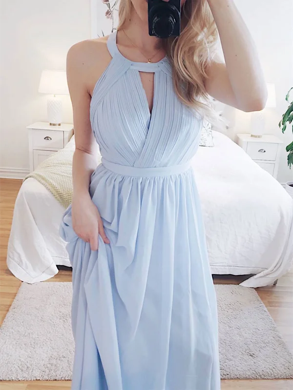 Simple Round Neck Blue Chiffon Long Prom Dresses,  Round Neck Blue Backless Chiffon Long Formal Evening Dresses Tunics Hiking breathable