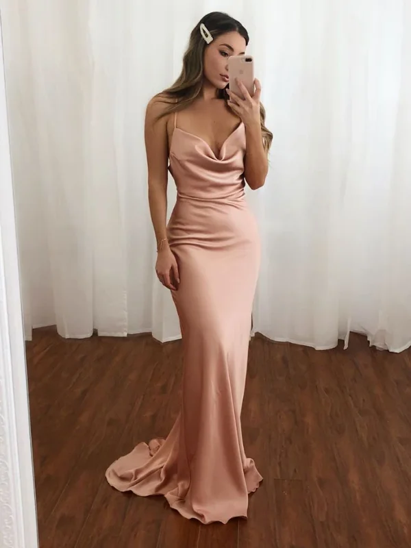 Simple V Neck Blush Mermaid Open Back Spaghetti Straps Long Prom Dresses, Open Back V Neck Blush Mermaid Formal Evening Dresses Tunics Lace romantic