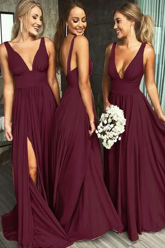 Simple V Neck Open Back Burgundy Long Prom Dresses, Open Back Burgundy Bridesmaid Dresses, Burgundy Formal Evening Dresses Tunics Sophisticated sleek