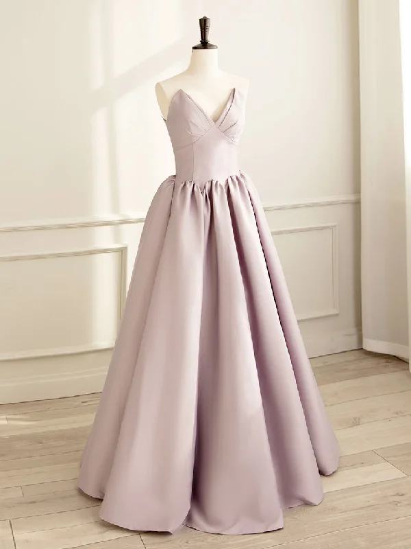 Simple V Neck Satin Pink Long Prom Dress, Satin Formal Evening Dress Tunics Polka dots