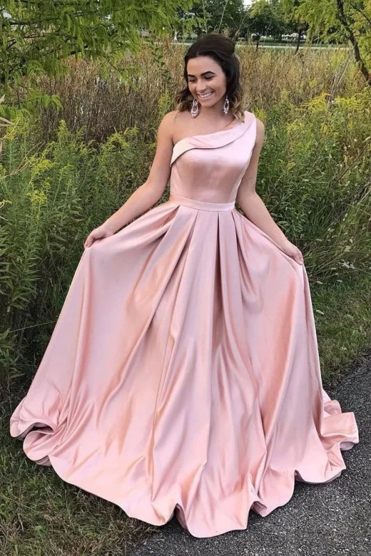 Stylish Pink Satin One Shoulder Sleeveless Long Prom Dress A-line Evening Dresses Tunics Bridal satin