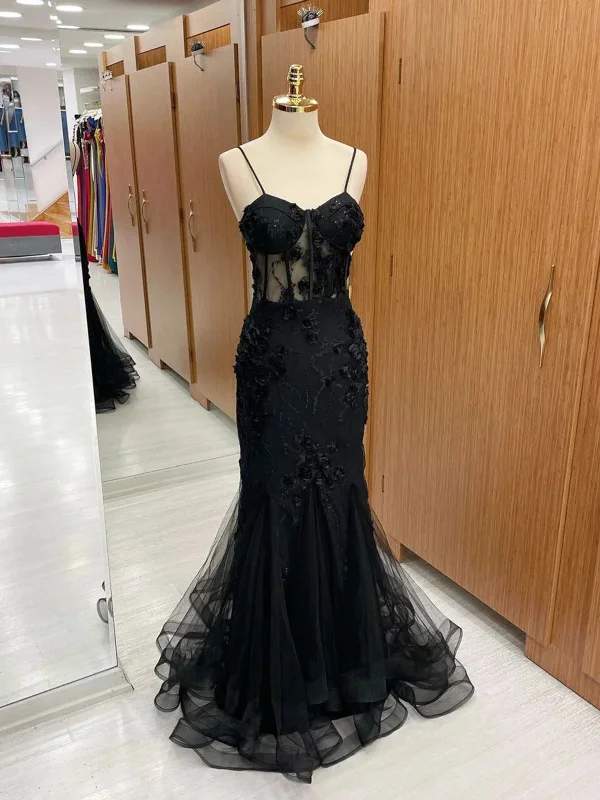 Sweetheart Neck Mermaid Black Lace Tulle Long Prom Dresses, Black Lace Mermaid Formal Evening Dresses Glittery Long Formal