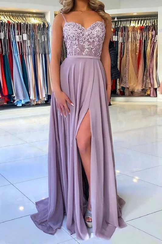 Sweetheart Neck Purple Lace Chiffon Long Prom Dresses with High Slit, Purple Lace Bridesmaid Dresses, Purple Formal Evening Dresses Tunics Favorite customer