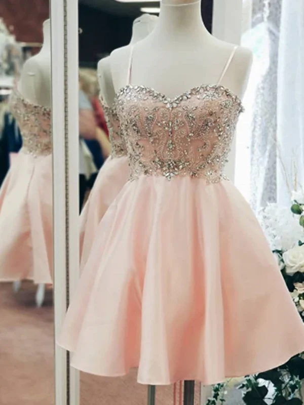 Sweetheart Neck Satin Blush Pink Homecoming Dresses With Rhinestone, Short Blush Pink Satin Prom Formal Evening Dresses Tunics Floral girly