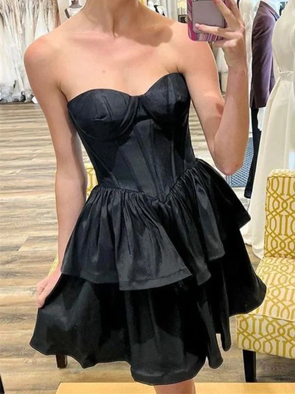 Sweetheart Neck Short  Strapless Black Satin Dresses, Layered Black Short Homecoming Formal Graduation Evening Dresses Tunics Trousers formal