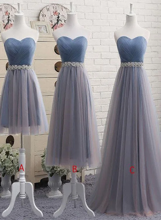 Tulle Grey and Blue Bridesmaid Dresses, Wedding Party Dresses, Long Party Dresses Peplum Ruffle Cocktail