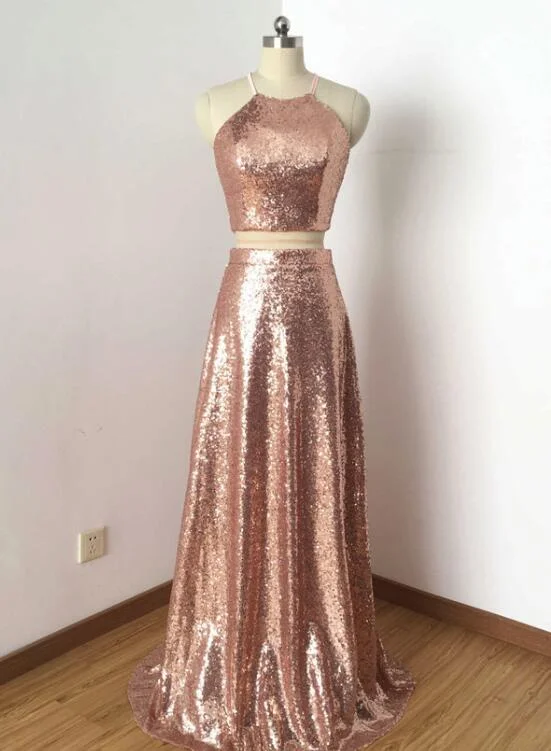 Two Piece Sequins Halter Bridesmaid Dresses, A-line Long Formal Dress, Party Dress Tunics Stylish modern