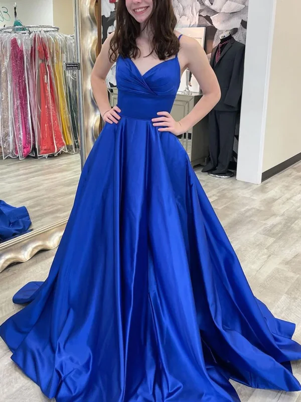 V Neck Backless Royal Blue Satin Long Prom Dresses, Backless Royal Blue Formal Dresses, Royal Blue Evening Dresses Turtleneck Neckline Stylish