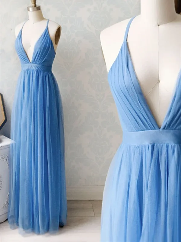 V Neck Blue Chiffon Long Prom Dresses, Blue Long V Neck Chiffon Formal Evening Dresses, Blue Bridesmaid Dresses Tunics Leisure comfortable