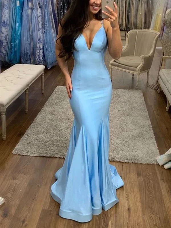 V Neck Blue Mermaid Long Satin Prom Dresses, Mermaid Blue Satin Long Formal Evening Dresses Tunics Lace romantic