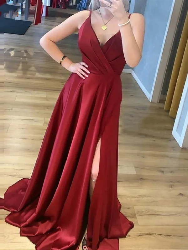 V Neck Burgundy Satin Long Prom Dresses With Leg Slit, V Neck Wine Red Satin Long Formal Evening Dresses Tunics Fleece cozy