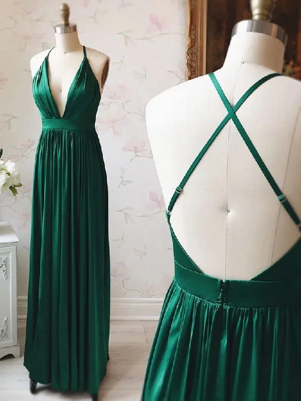 V Neck Emerald Green Backless Prom Dresses, Backless Green Formal Evening Dresses Pencil Length Work