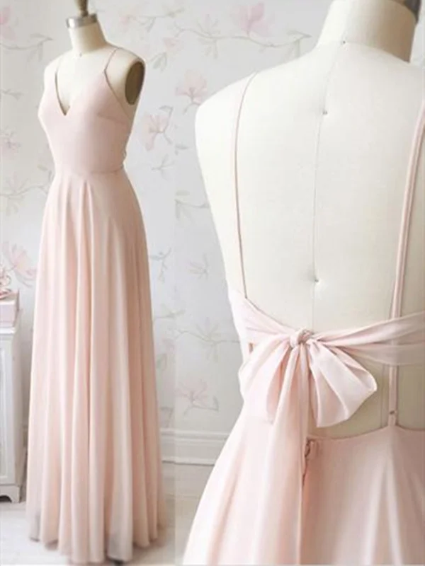 V neck Light pink  chiffon long prom dress, V neck Light pink  chiffon long evening dress Tunics Stylish modern