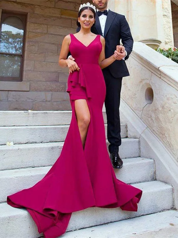 V Neck Mermaid Burgundy Satin Long  Bridesmaid Dress With Side Split, Mermaid Burgundy Prom Evening Dress Chiffon Maxi Beach