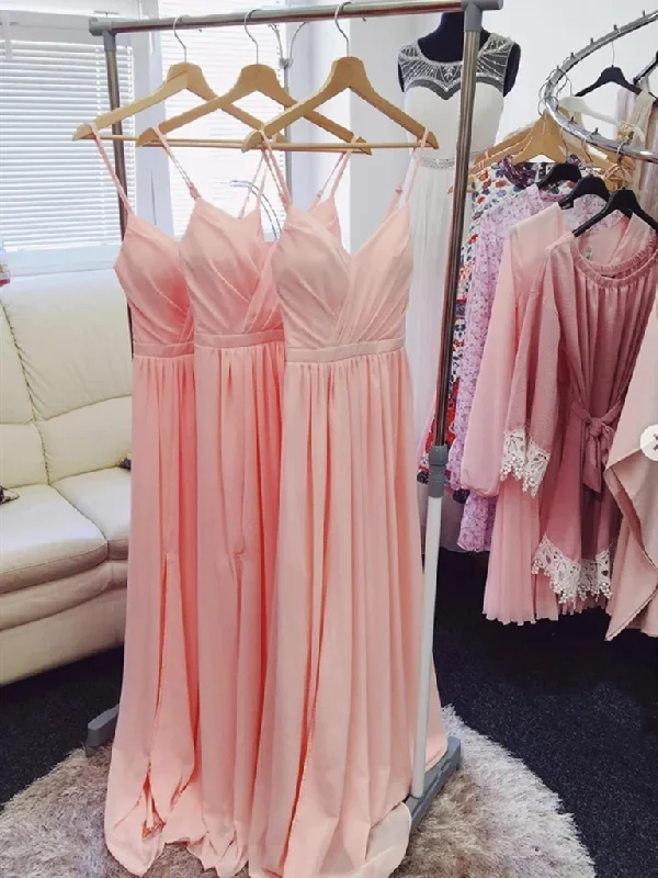 V Neck Pink Chiffon Long Prom Dresses, Pink Long Bridesmaid Formal Evening Dresses Boatneck Modish Everyday