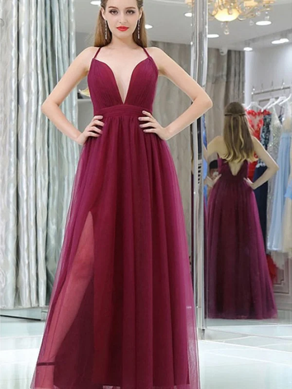 V Neck Sexy Backless Burgundy Prom Dresses With Leg Slit, Burgundy Tulle Bridesmaid Dresses, Formal Evening Dresses Tunics Trendy modern