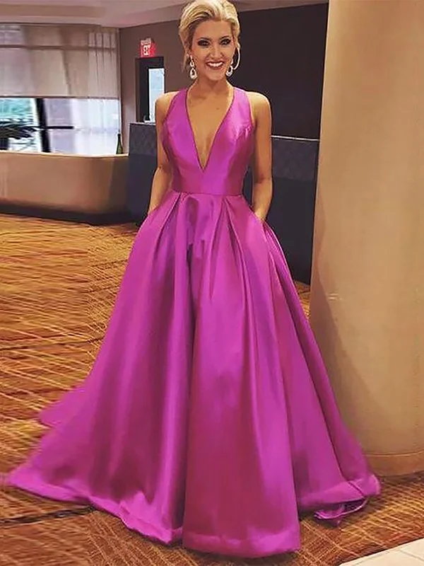 V-neck Sweep Train Prom Dresses, Sleeveless Fuchsia Evening Dress Tunics Essential wardrobe