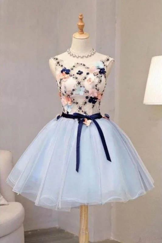 Vintage Light Blue Flower Short Princess Homecoming Party Dresses Mini Dress sweetheart Neckline Romantic