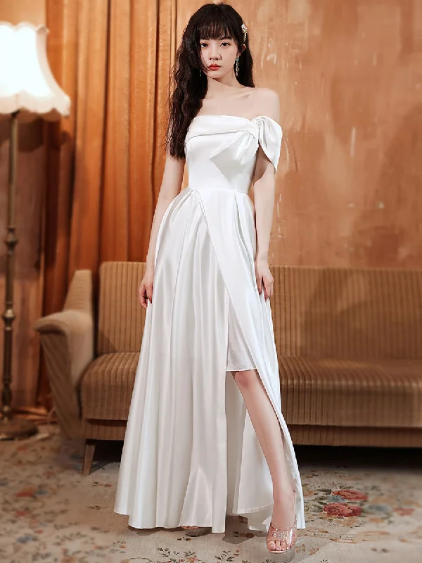 White A line Satin Long Prom Dress, White Satin Long Formal Evening Dress Tunics Party sparkling