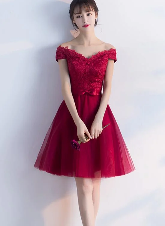 Wine Red Cheap Homecoming Dresses 2018, Off Shoulder Short Party Dress, Formal Dresses Glittery Long Formal