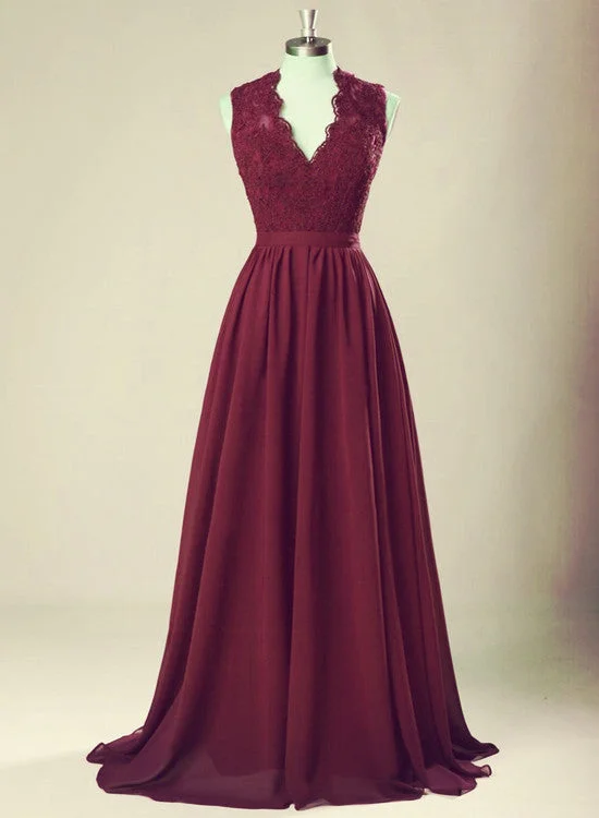 Wine Red Lace Applique Backless Long Bridesmaid Dress, Elegant Party Dress, Beautiful Prom Dress Tunics Evening elegant