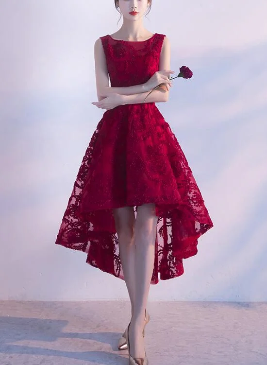 Wine Red Lace High Low Charming Formal Dress, Junior Party Dress, Cute Prom Dress Tunics Long Elegant