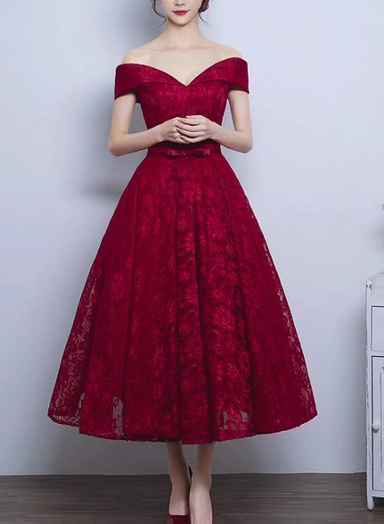 Wine Red Lace High Quality Tea Length Off Shoulder Evening Party Dress, Gorgeous Party Gowns, Lace Formal Dresses Tunics Print Colorful