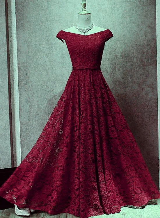 Wine Red Lace Off Shoulder Lace-up Long Party Dresses, Lace Evening Gowns, Formal Gowns Tunics Bestseller popular