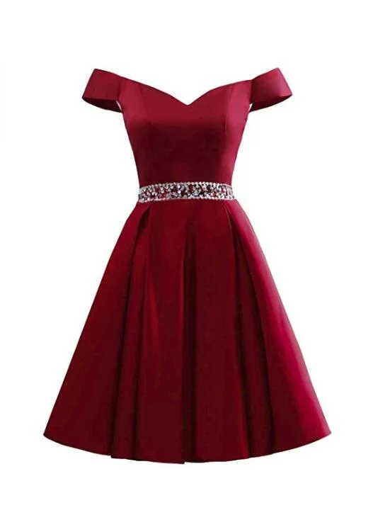 Wine Red Off Shoulder Satin Homecoming Dress, Cute Party Dress, Dark Red Homecoming Dress 2018 Tunics Brand named