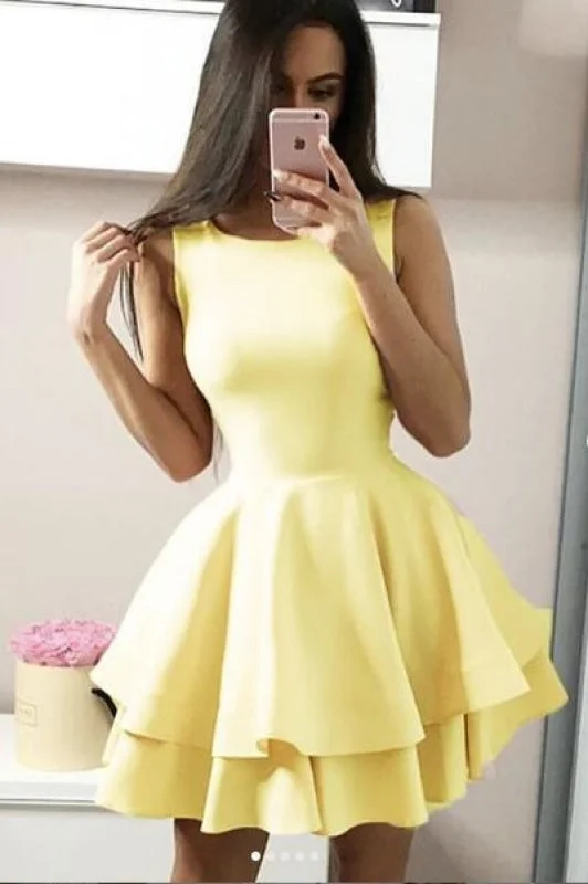 Yellow Two Tiers Sleeveless Satin Mini Party Dress A Line Short Prom Gowns Tunics Cozy soft