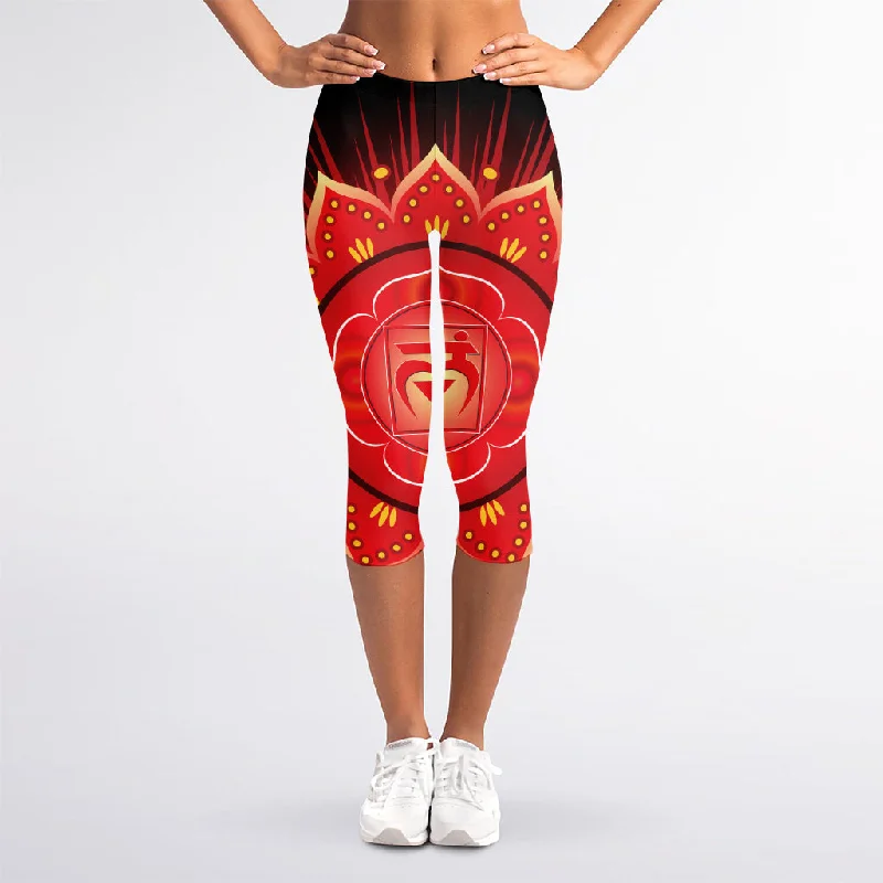 Muladhara Chakra Mandala Print Women's Capri Leggings Stylish Compression Fit Leggings