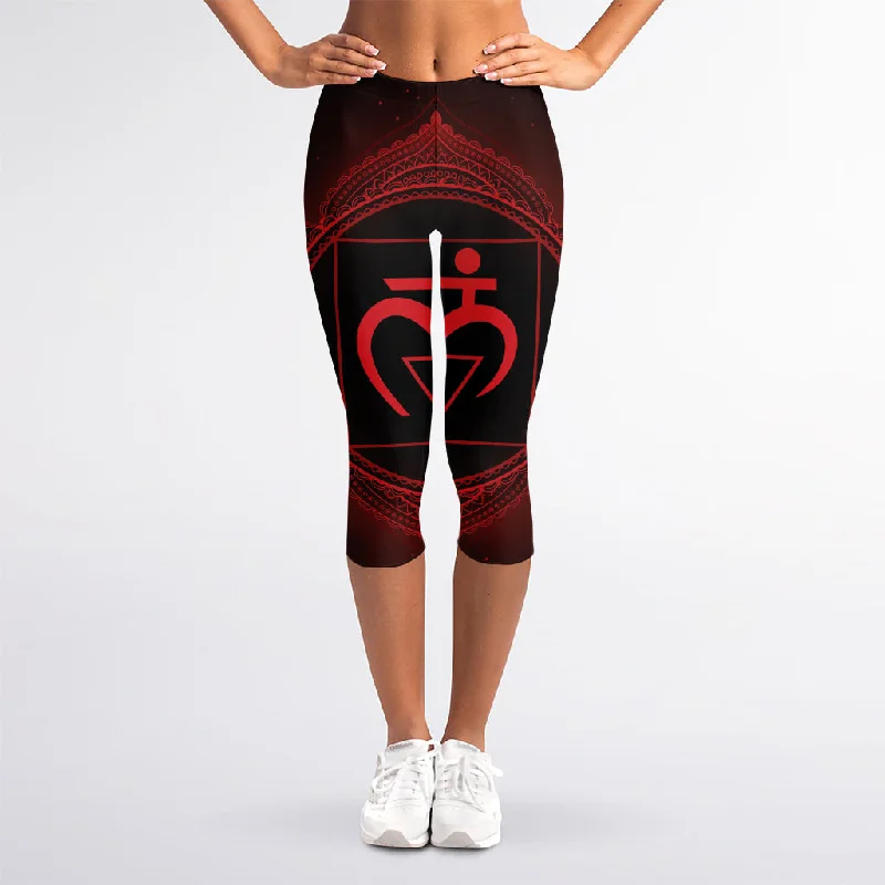 Muladhara Chakra Symbol Print Women's Capri Leggings Fashionable High-Rise Workout Leggings