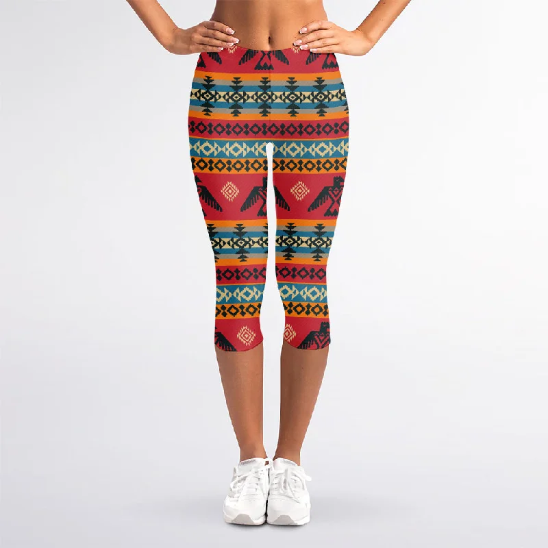 Native American Eagle Pattern Print Women's Capri Leggings Fashionable Sports Compression Leggings