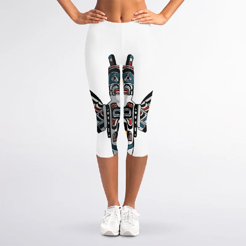 Native American Eagle Totem Print Women's Capri Leggings Fashionable Floral Active Leggings