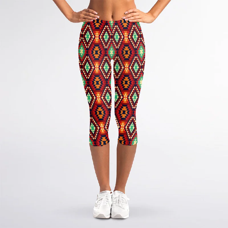 Native American Geometric Pattern Print Women's Capri Leggings Elegant Embellished Leggings