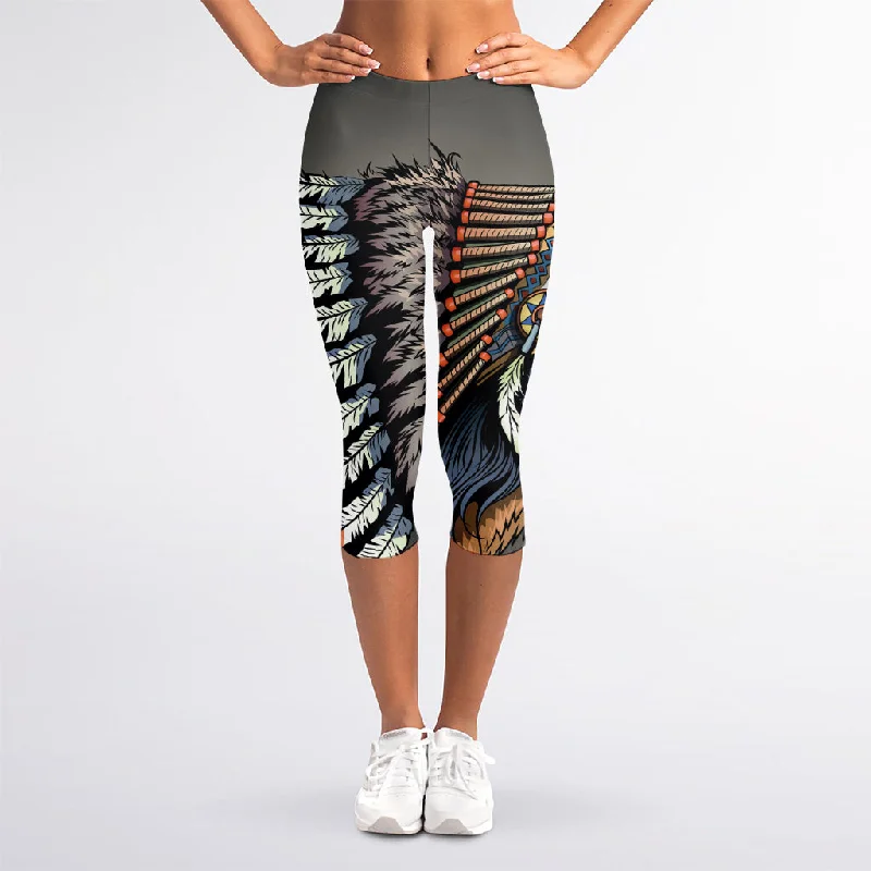 Native American Indian Girl Print Women's Capri Leggings Trendy Adjustable Waist Leggings