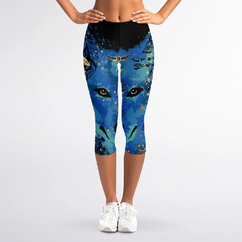 Native American Spiritual Wolf Print Women's Capri Leggings Cozy Reflective Detail Leggings